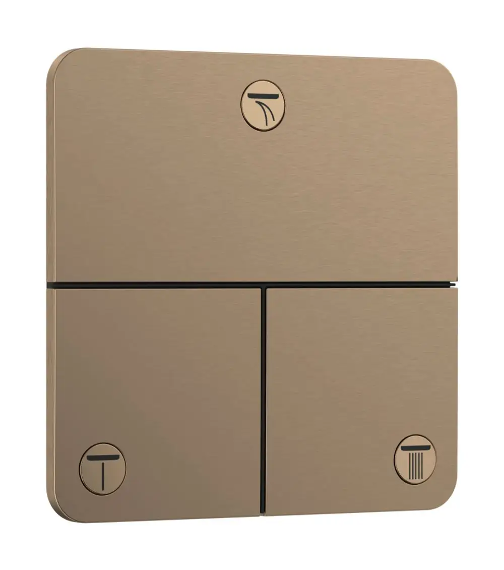 Hansgrohe Ventil mit zwei vertikalen und einem horizontalen Bedienfeld, geformt in gebürstetem Bronze, geeignet für mehrere Verbraucher. Symbole für Wasserfluss und Dusche erkennbar.